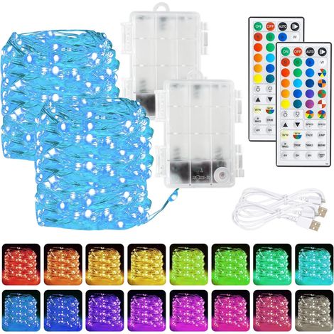 Guirlande lumineuse féérique RGB de 2 x 12 m avec télécommande, 120 LED à couleurs changeantes, fonctionnant sur piles, fil de cuivre argenté étanche, idéale pour les fêtes et décorations d'Halloween (1/5)