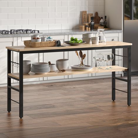 160CM 2 Tier Wooden Kitchen Storage Rack Shelf Organizer with Hooks (1/5)
