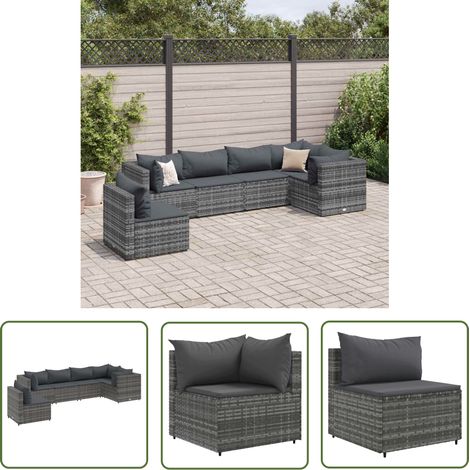 The Living Store 6-tlg. Garten-Lounge-Set mit Kissen Grau Poly Rattan - Gartengeset - Loungeset - Gartenmöbel - Rattan Möbel - Outdoor Möbel