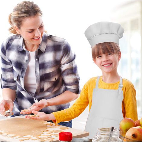 Kit Tablier Et Toque De Chef Pour Enfants 3-6 Ans – Blanc – Réglable – Polyester – Cuisine, Peinture, Pâtisserie – Activités Créatives