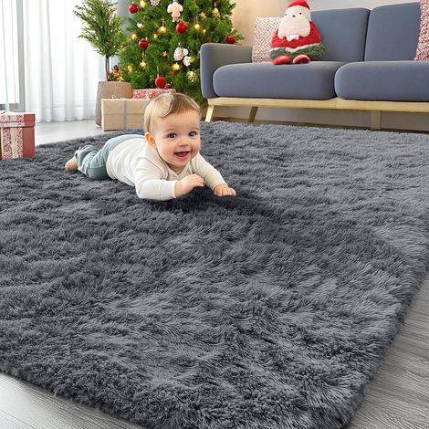 Tapis Moelleux à Poils Longs - Dessous antidérapant - Lavable - pour Le Salon, la Chambre d'enfant, la Chambre à Coucher - 80 x 150 cm, Gris Foncé (1/5)