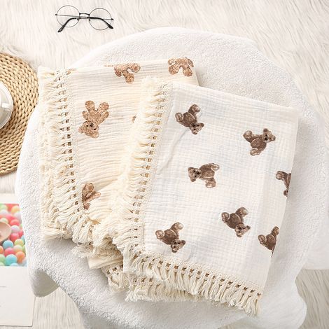 Lange d'emmaillotage pour bébé en mousseline imprimée jaune, couverture d'accueil en coton doux pour nouveau-né avec pompons 100120 cm (1/5)