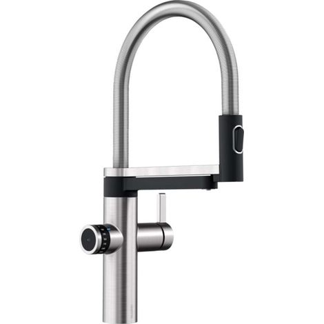 Blanco EVOL-S Pro - Miscelatore da lavello, con braccio di erogazione flessibile, doccetta e funzione di filtraggio, acciaio/nero 526311