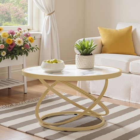 BarberPub Couchtisch Rund Holz, Moderner Sofatisch, Kleiner Beistelltisch Metall, Kaffeetisch für Wohnzimmer, Schönheitssalon, Wohnzimmertisch Marmor-Weiß Gold, 80x80x45cm, 2175