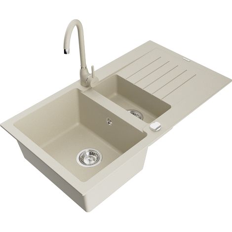 Mexen Matias évier en granit 1,5 bac avec égouttoir et robinet de cuisine Telma, beige - 6502-69-670200-69 (1/5)