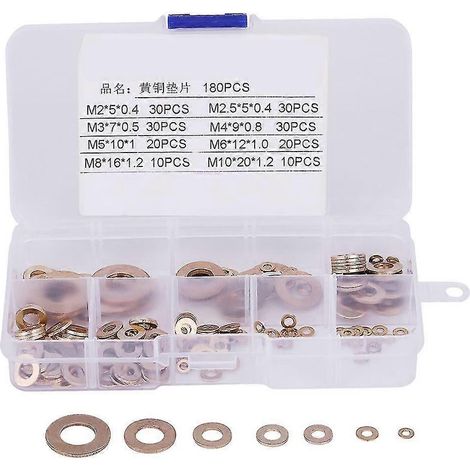Assortiment de 180 rondelles plates en laiton avec boîte M2/M2.5/M3/M4/M5/M6/M8/M10 (1/3)