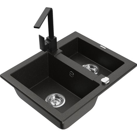 Mexen Carlos lavello in granito 1,5 vasca con rubinetto da cucina Rita, nero/oro metallizzato - 6518-75-670300-70 (1/5)