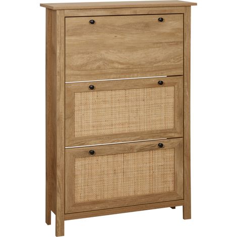 Schuhaufbewahrungseinheit mit 3 Klapptüren aus Naturholz, Schuhschrank mit Regalböden aus Rattanrohr, designorientierte und praktische Schuhaufbewahrungseinheit.