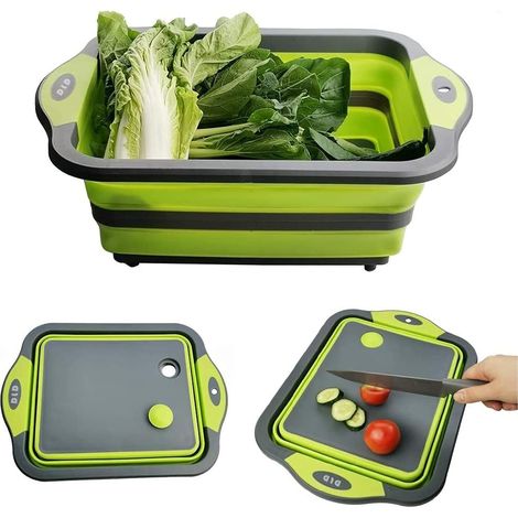 Planche à Découper Pliable 3 en 1 Panier à Découper avec Bouchon de Drainage et Ciseaux Multifonction Panier de Drainage pour Les Cuisines,Les Voyages,Le Camping(Vert) (1/5)