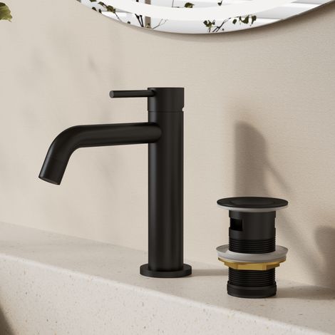 EVERSTEIN Wasserhahn Bad Waschtischarmatur Schwarz Matt, Waschbeckenarmatur mit Pop-up-Ablauf, Einhebelmischer, Messingkörper, Luftsprudler, 105 mm Auslaufhöhe, 125 mm Ausladung (1/5)