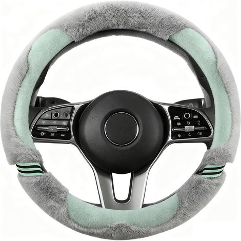 Housse de volant en fausse fourrure moelleuse de 38 cm (15 pouces) - Douce et confortable, bordée de cuir, design sportif et mignon vert, accessoire de voiture antidérapant pour femmes et filles, prot (1/5)