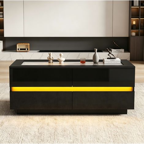 Tavolino da caffè 100x50x40 cm nero in pannelli di particelle con 4 cassetti, LED e piano in vetro temperato (1/5)