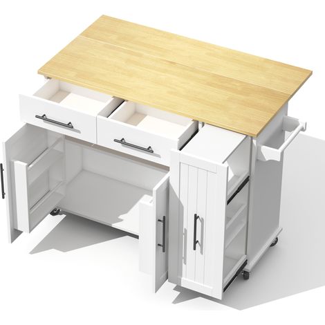 Rollender Kücheninselwagen mit Klappplatte, MDF Weiß/Natur, 2 Schubladen (1/5)