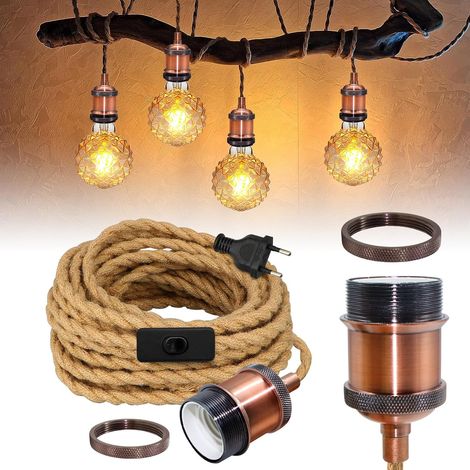 Hemp Rope Chandelier Cable 5.1 m, E27 Socket Vintage Red Copper with Plug and Switch, Retro Brass Pendant Light, Industrial Ceiling Light for Interior, Chandelier Rope for Kitchen (1/5)