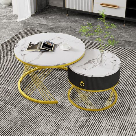 Lot de 2 tables basses gigognes - 70x70x45cm - modulables effet marbre style luxe salon séjour tiroir de rangement - Blanc (1/5)