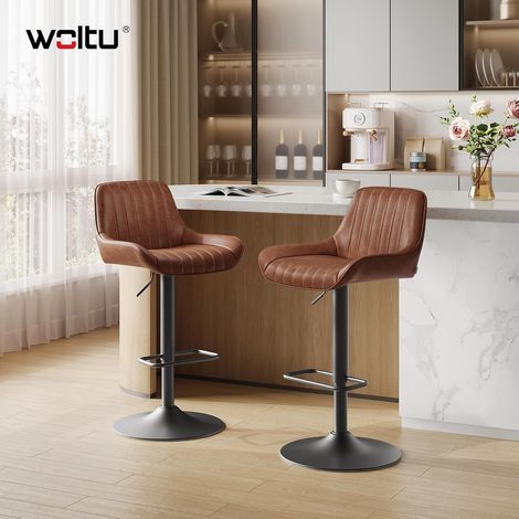 WOLTU Set di 2 Sgabelli da Bar Sgabelli alti Cucina in Pelle Sintetica Cerata Sgabello Bar con Schienale Sedie da Bar Regolabile e Girevole per Cucina Penisola, Marrone (1/5)