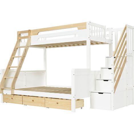 Litera 90x200/140x200 cm blanca/natural con escalera de almacenaje y 3 cajones – MODENUIT (1/5)