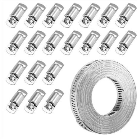 NALOOKAMIC  Colliers de serrage 20 pieds, sangle métallique + 20 attaches, bande en acier inoxydable à découper soi-même, réglable, grande vis sans fin