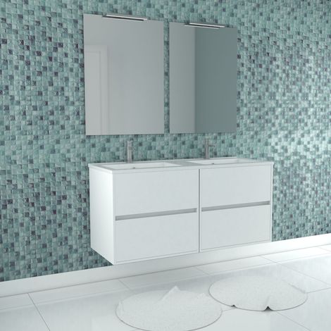 Mueble de Baño 120cm Blanco Lacado 4 Cajones, Lavabo, 2 Espejos 60x80 con Apliques Led (1/5)