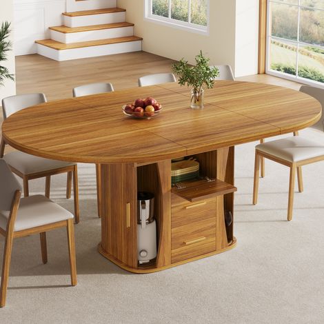 Table à manger extensible MDF noyer 118-158x118x77 cm, ronde à ovale, pour 6 personnes (1/5)