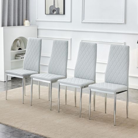 Ensemble de 4 chaises de salle à manger, gris clair, revêtement en similicuir à motif losanges, pieds en métal, chaises modernes pour cuisine, salon, café et bureau à domicile (1/5)