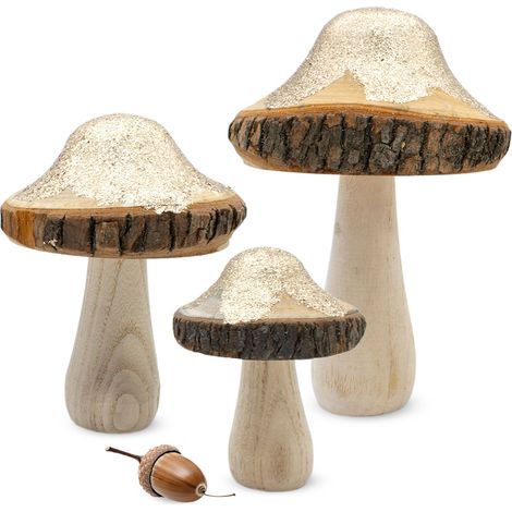 Holz Dekopilz mit Gold Glitzer 3er Set - 18 / 15 / 11 cm - Holzpilz Figur mit Baumrinde zur Herbst Dekoration - Holz Deko Pilz Goldwald Waldpilz Herbstdeko Aufsteller Tischdeko