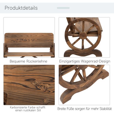 2 places Banc de Jardin Massif Bois avec Accoudoirs, Banquette Design Roues de Chariot, Meubles de Jardin 250kg Capacité, Banc Rustique, 114x58x80 cm, Marron (1/5)