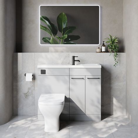 Napoli 250 Gloss Grey Pearl 1000mm 2 Door Vanity Unit Toilet Suite with Square Silvo Basin - 1000mm - Matt Black 160mm HandleWith Kingston Toilet Pan and Seat