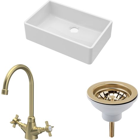 Fireclay Kitchen Bundle - 1 Bowl Butler Sink, Waste & Mono Crosshead Tap - 795mm - Brushed Brass