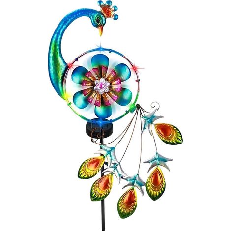 Mulino a vento solare, 31 luci solari esterne impermeabili multicolori con paletto, mulino a vento rotante in metallo pavone per cortile, giardino, prato, giardino (1/5)