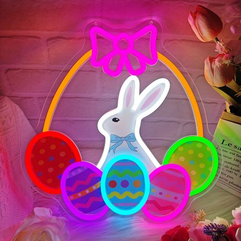 Néons Lapin de Pâques : Intensité variable, enseigne lumineuse LED en forme de panier d'œufs. (1/5)