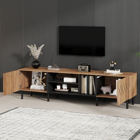 Meuble TV 2 portes, 4 niches ouvertes, meuble bas contemporain en panneaux de particules, support téléviseur pour séjour, TV jusqu'à 70 pouces, finition chêne naturel et noir, 180 x 40 x 50 cm (1/5)