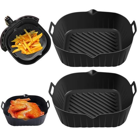 Bandeja de silicona para freidora de aire，2 piezas，Accesorios para freidora de aire，Bandejas de silicona para freidora de aire，24x22x6cm，Negro (1/5)
