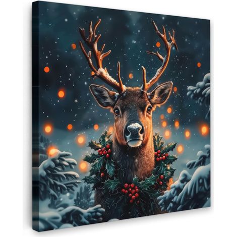 TABLEAU SUR TOILE Cerf - Noël - Hiver - Neige - Couronne de Noël Tableau Chambre Adulte 90x90 cm