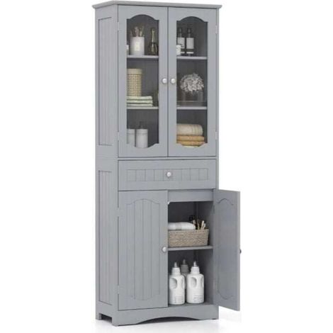 Rangement optimisé dans la maison : armoire haute grise avec 2 portes en verre, étagères réglables et tiroir (1/5)