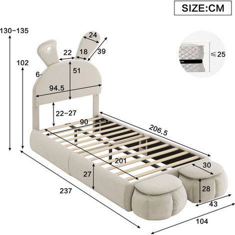 Lit enfant - 90x200 cm - Velours beige - Oreilles de lapin - Lumière LED réglable (1/5)