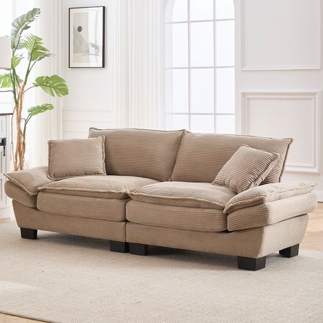Sofá Recto 2 Plazas en Terciopelo con Brazos Acolchados, Asiento Profundo, Estructura de Madera, Caqui