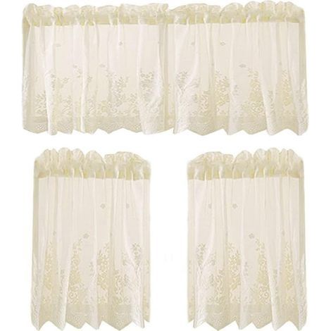 Demi-Rideaux Courts, Dentelle Petite fenêtre Rideaux Voile Cuisine Café Demi-Rideaux Valance pour café Cuisine Salle de Bains fenêtre Rideau(Beige Set) (1/4)