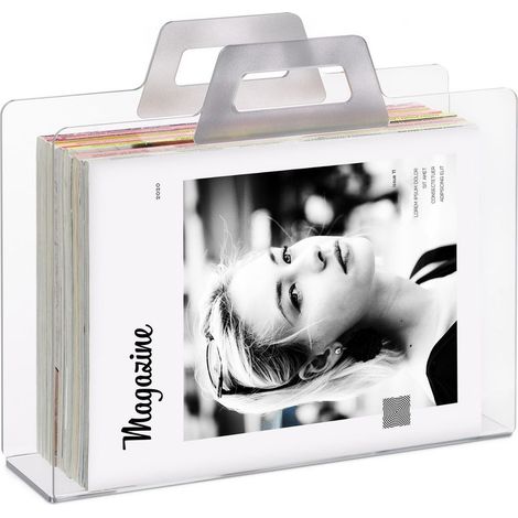 Porte-revues en acrylique argenté – 2 poignées – Dimensions 29x33x10 cm – Support pour magazines et brochures – Design transparent (1/5)