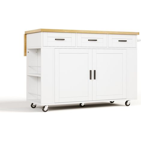 Isla de cocina con encimera abatible, carro de cocina de MDF, 120 x 70 x 84 cm, blanca y natural (1/5)
