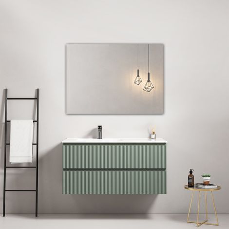 Mobile bagno sospeso cannettato 100 cm Verde Salvia Lavabo a Sinistra in Ceramica Specchio Quadro - Fiji Paint (1/4)