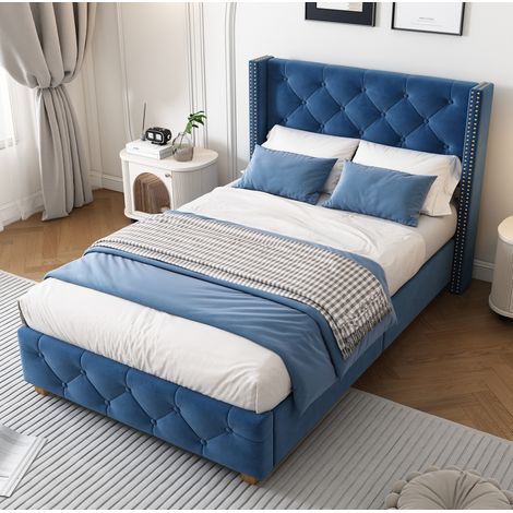 MEUBLIV Letto 90x200 cm blu con testiera capitonné, rete a doghe, senza materasso (1/5)