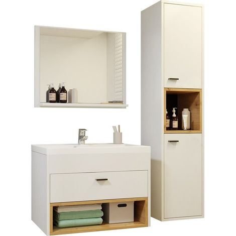 Ensemble de meubles de salle de bain – 3 pièces – Armoire murale 133x30x30cm – Armoire sous lavabo 45x60x35cm – Blanc et chêne artisan – Usinestreet