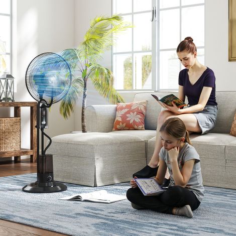 Ventilatore a piantana con nebulizzatore, 3 velocità, 3 modalità, oscillazione a 70°, serbatoio da 3,2 litri e telecomando, 44,5x38,5x120 cm, nero.