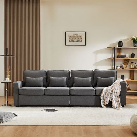 Canapé 4 places en lin gris foncé avec poches aux accoudoirs et 4 coussins – design contemporain (1/5)