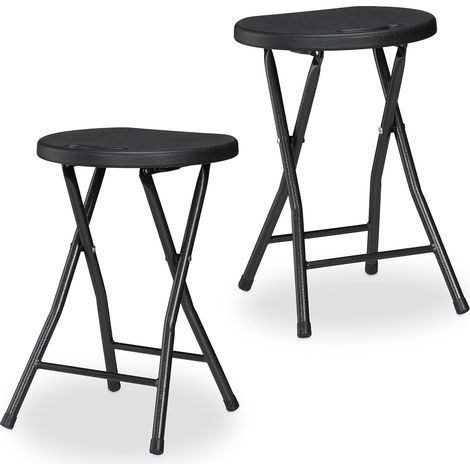 Tabouret Pliant, Lot de 2, HLP : 46x31x30 cm, Chaise de Jardin, terrasse, Balcon, poignée, Noir (1/5)