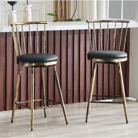 Tabouret de bar vintage style Windsor, lot de 2, assise rembourrée, métal noir et marron HAVRYA (1/5)