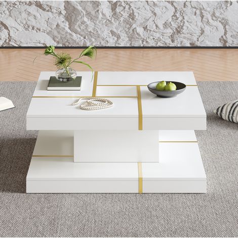 Quadratischer Couchtisch mit 2 Ebenen, weißer Spanplatte und Goldakzenten, 80x80x38 cm (1/5)