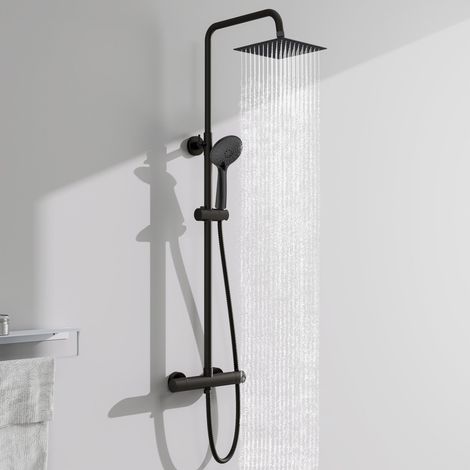 AICA Dusche Duschsystem mit Thermostat 2 Funktionen Duschset inkl. 3 Strahlarten Handbrause, höhenverstellbar Duschstange, Schwarz