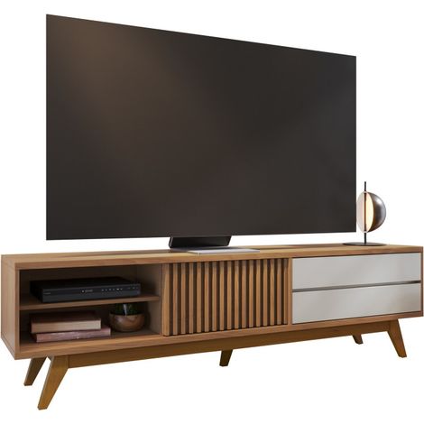 Beaux Meubles Pas Chers – Meuble TV 75 pouces imitation chêne et blanc – 1 porte relief – 2 grands tiroirs – 3 niches – Dimensions L 200 x H 55.2 x P 37.7 cm (1/5)